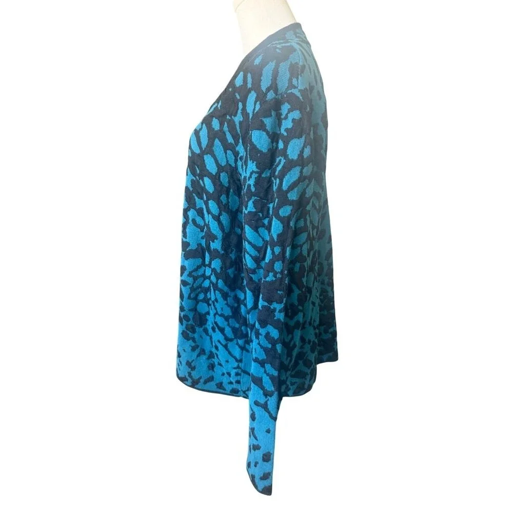 Chicos Long Blue‎ Animal Leopard Print Cardigan Sweater Size L Cotton Cheetah
